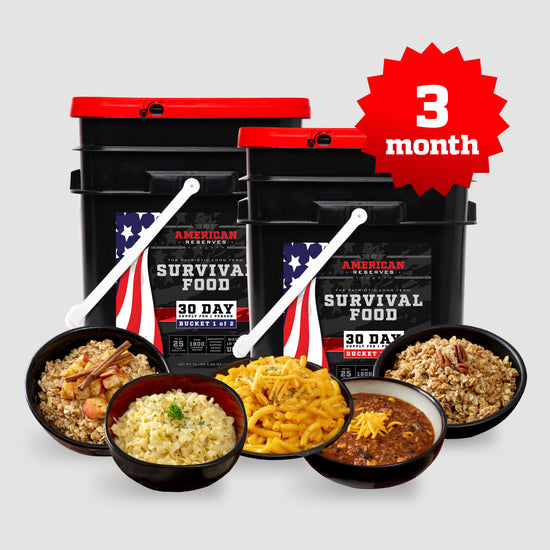 Two black 3 Month Emergency Food Supply buckets by American Reserves, featuring a red American flag design, rest behind bowls of freeze-dried meals like pasta, rice, and oatmeal. A red starburst reads 3 month food supply. Plastic scoops highlight the 25-year shelf life.