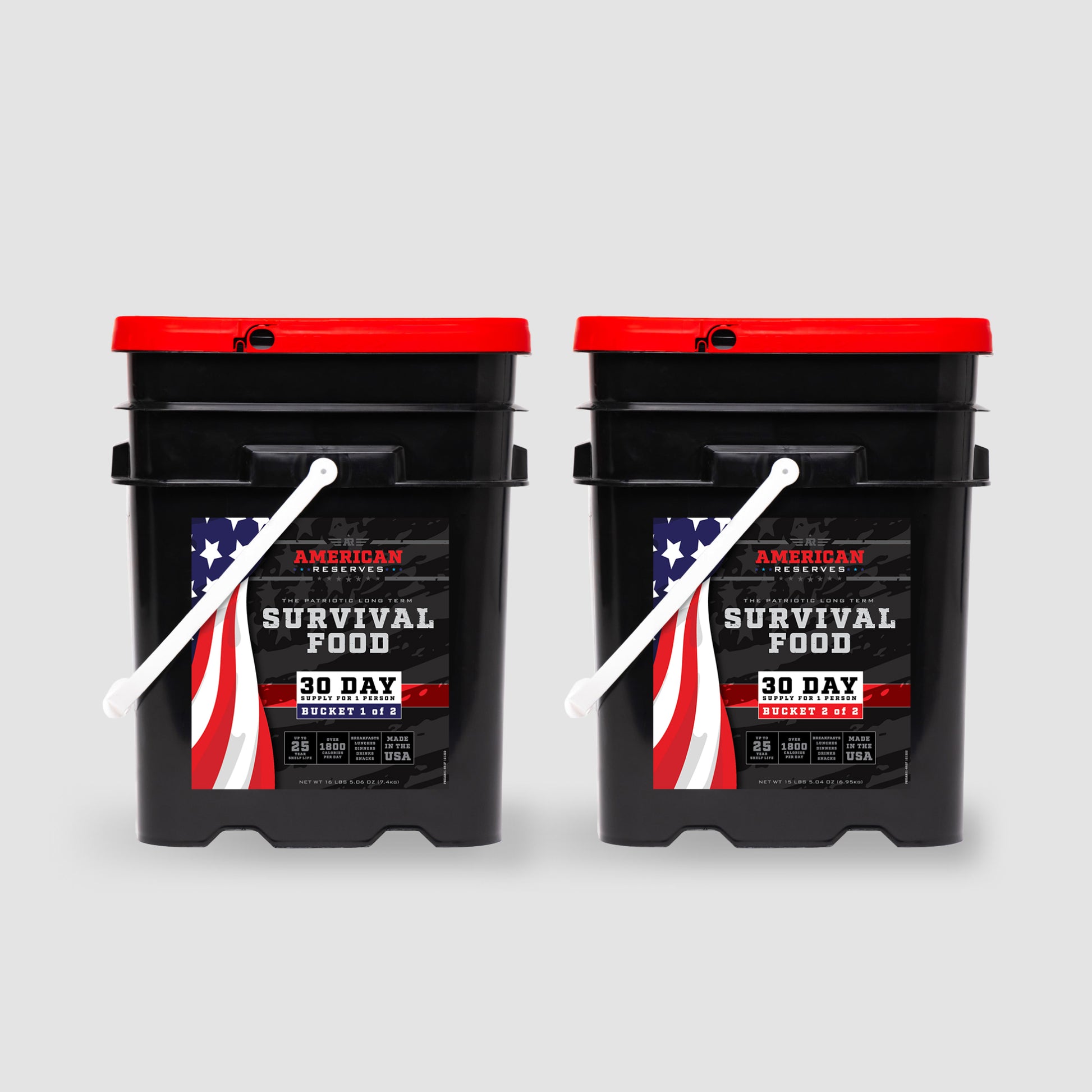 Two 30 Day Emergency Food Supply black buckets by American Reserves, featuring red lids and a U.S. flag design, offer peace of mind with their remarkable 25-year shelf life thanks to freeze-dried preservation.