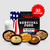 The 72 Hour Emergency Food and Drink Supply - 32 Servings by American Reserves includes oatmeal, rice, macaroni, chili, and milk in durable Metallyte pouches with an American flag design and a 25-year shelf life.