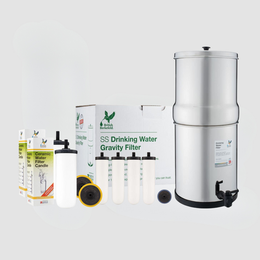 The American Reserves 2.25 Gallon Fluoride Filter Bundle features the British Berkefeld Doulton Gravity-Fed Water Filtration System with Ultra Fluoride Filters, including three gravity-fed filter candles, boxes, and unique black and yellow rings.