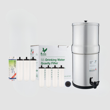 American Reserves 2.25 Gallon Sterasyl Filter Bundle, featuring the British Berkefeld Doulton Gravity-Fed Water Filtration System with a 3-pack of Sterasyl filters, showcased against a plain background.