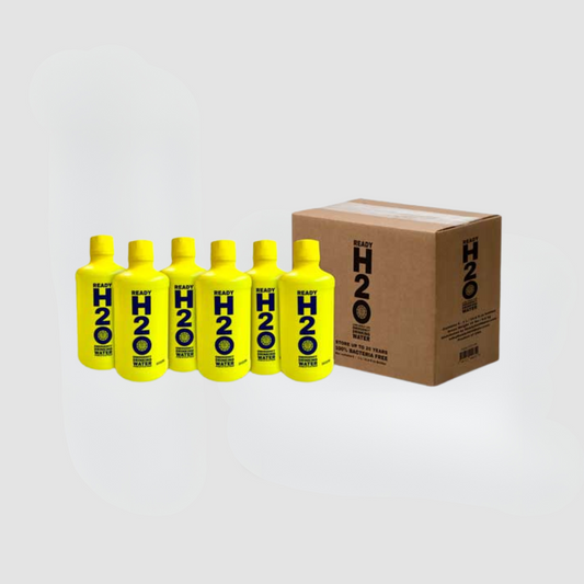 Five yellow bottles labeled H2O are next to a brown box with the same label from American Reserves, offering Bulk 20 Year Long Term Emergency Drinking Water - 1 Liter Bottles. These bacteria-free supplies offer peace of mind against a light gray background and boast an impressive 20-year shelf life.