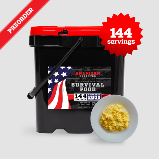 The Emergency Freeze Dried Powdered Eggs - 144 Servings by American Reserves comes in a black container with a red lid, featuring an American flag and scramble egg imagery. A banner says PREORDER. Ideal for emergencies.