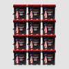 Twelve 1440 Servings Freeze-Dried Fruit Bundle buckets by American Reserves, featuring a black and red design with an American flag, a sturdy handle, and red lid, are stacked in rows. These buckets boast a long shelf life for your emergency food supply needs.