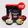 The red and black 1440 Servings Freeze-Dried Fruit Bundle by American Reserves offers an emergency food supply with bowls of freeze-dried blueberries, strawberries, bananas, and apples. It includes 120 premium servings and boasts a 20-year shelf life.