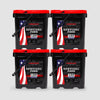 Four American Reserves containers, black with red lids and U.S. flags, contain a 480 Servings Freeze-Dried Fruit Bundle. Each offers 120 servings, handles for carrying, and an impressive 20-year shelf life for long-term peace of mind.