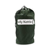 A dark green drawstring bag with Kelly Kettle in white, ideal for carrying your Kelly Kettle® Ultimate Base Camp Kit by American Reserves during outdoor adventures.