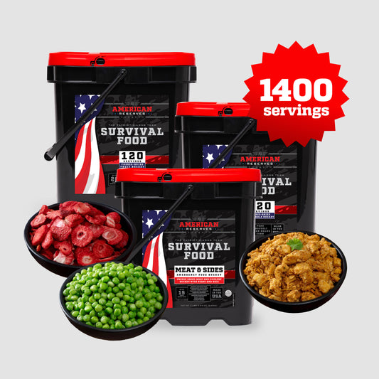 Four American Reserves survival food buckets, featuring an American flag and starburst with 1400 servings, offer bowls of freeze-dried peas, strawberries, and chicken. Enjoy easy preparation with the 1400 Servings Meat and Produce Bundle for a reliable long-term food supply.