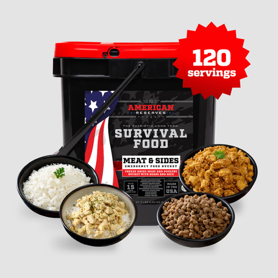 A black bucket with a red lid labeled American Reserves 110 Serving Freeze Dried Meat & Sides Bucket features images of rice, diced beef, mashed potatoes, and chicken curry. It has a long-term shelf life and includes a ladle—perfect for any emergency food supply.