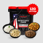 A black bucket with a red lid labeled American Reserves 110 Serving Freeze Dried Meat & Sides Bucket features images of rice, diced beef, mashed potatoes, and chicken curry. It has a long-term shelf life and includes a ladle—perfect for any emergency food supply.