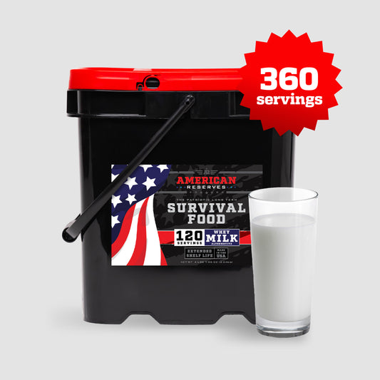 A large black container with a red lid, labeled 360 Servings Milk Bundle, features an American flag design and states 360 servings. Offered by American Reserves, this whey milk boasts a 25-year shelf life. Beside it is a full glass of milk.