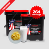 Image of two black containers labeled American Reserves featuring a USA flag design. Each container lists servings: 120 and 144. A plate of freeze-dried powdered eggs and long-term whey milk is in front. A red banner reads PREORDER, with a starburst noting 264 servings. Product: Milk and Eggs Bundle.