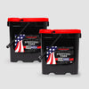 The American Reserves 264 Servings Milk and Eggs Bundle includes two black Survival Food buckets with red lids and American flag imagery: one with 120 servings of long-term powdered whey milk, the other with 144 servings of freeze-dried powdered eggs, ideal for your food supply needs.