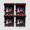 Four black and red American Reserves buckets labeled Survival Food, with an American flag design, hold the 528 Servings Milk and Eggs Bundle, featuring a long shelf life. Each bucket contains 120 milk servings and 144 emergency freeze-dried powdered egg servings on a gray background.