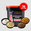 The Protein Bucket from American Reserves offers 78 servings of emergency food supply, including freeze-dried proteins such as rice, scrambled eggs, seasoned meat, and chicken. Packaged in a black bucket with a red lid, it features American-themed graphics.