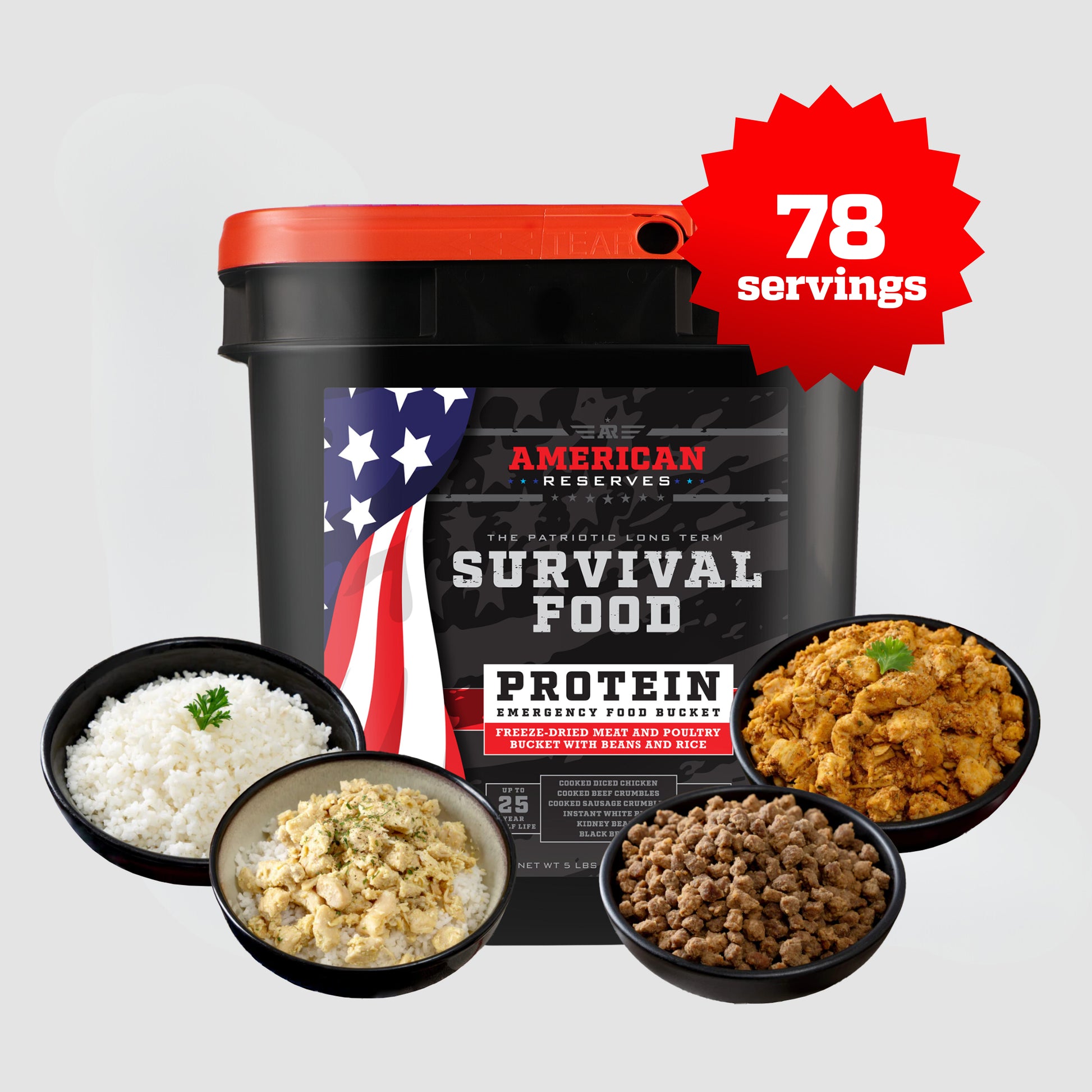 The Protein Bucket from American Reserves offers 78 servings of emergency food supply, including freeze-dried proteins such as rice, scrambled eggs, seasoned meat, and chicken. Packaged in a black bucket with a red lid, it features American-themed graphics.