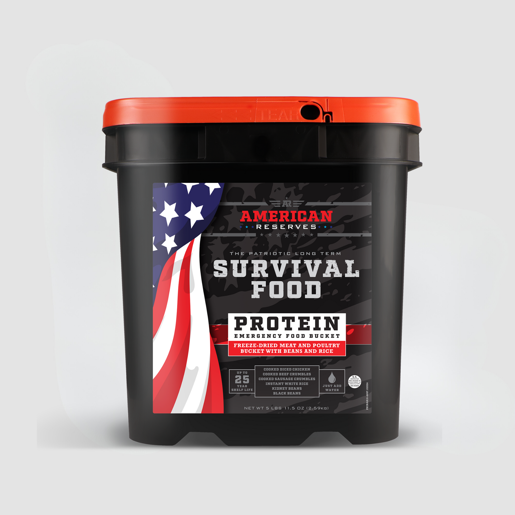 A black Protein Bucket by American Reserves, featuring a red lid with an American flag design, offers freeze-dried proteins for men and women and has a 25-year shelf life.