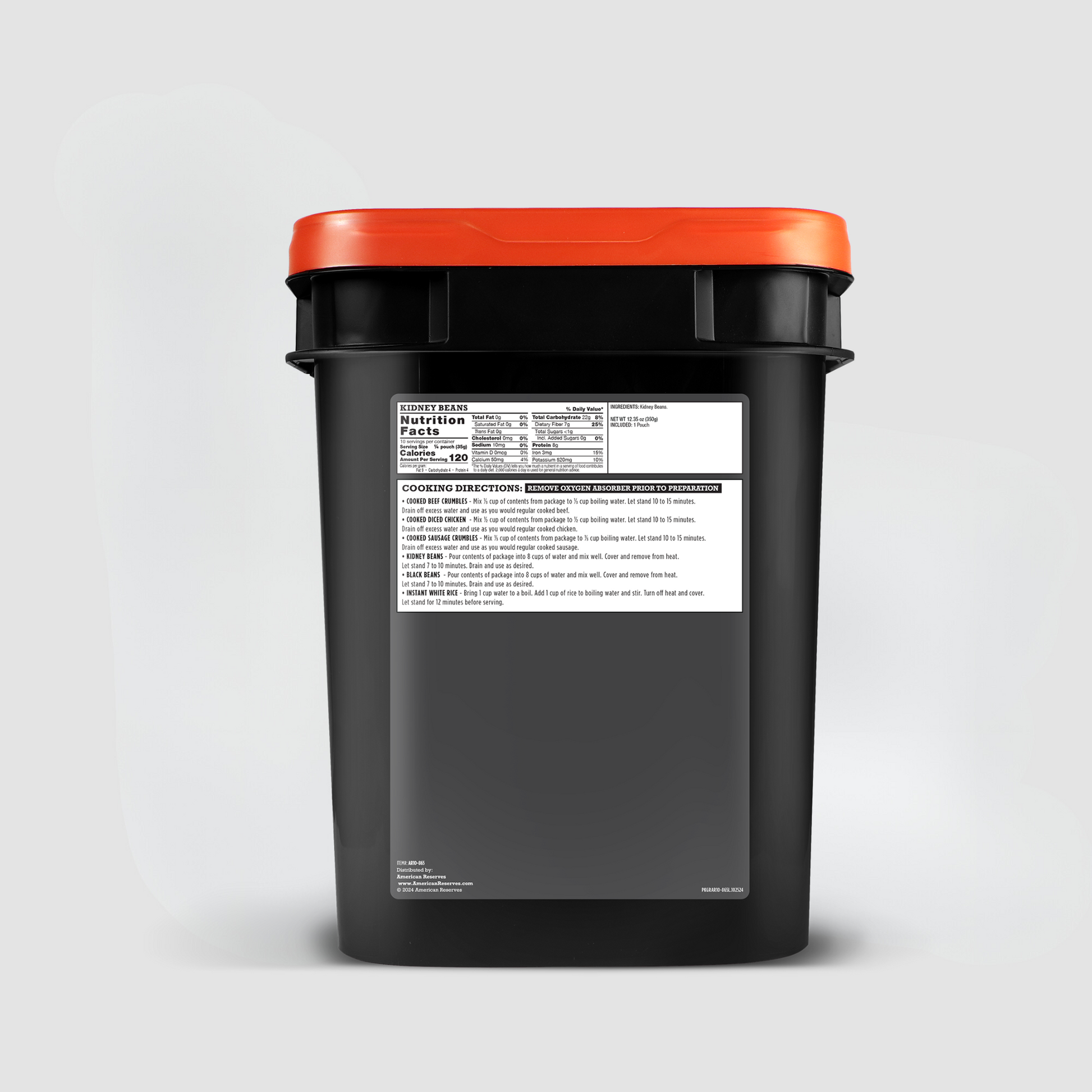 The American Reserves Protein Bucket is a large black container with a removable red lid, featuring a nutrition facts label and cooking directions on the front. Freeze-dried proteins promise freshness against a plain gray background with an impressive 25-year shelf life for lasting storage.