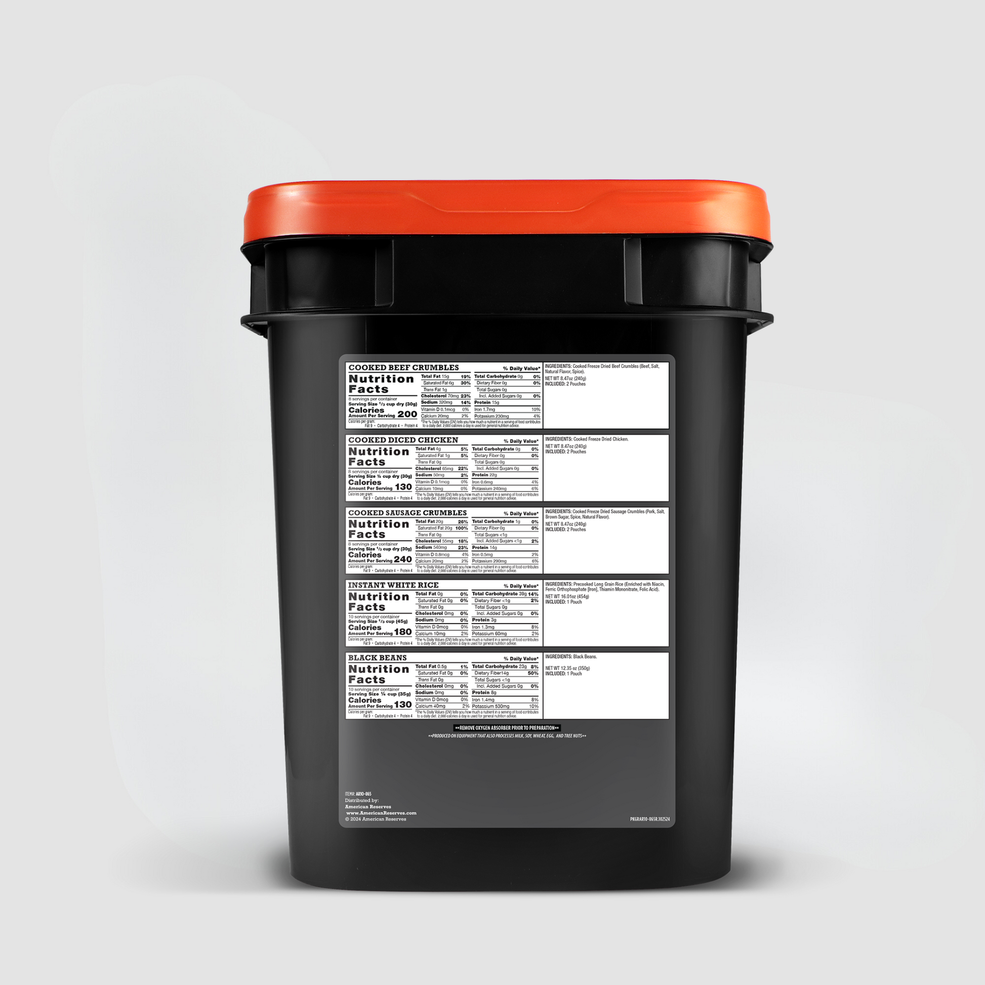 The Protein Bucket by American Reserves is a large black container with an orange lid, showcasing a detailed nutrition facts label. Packed with freeze-dried proteins, it ensures not only nutrition but also peace of mind with an impressive 25-year shelf life.