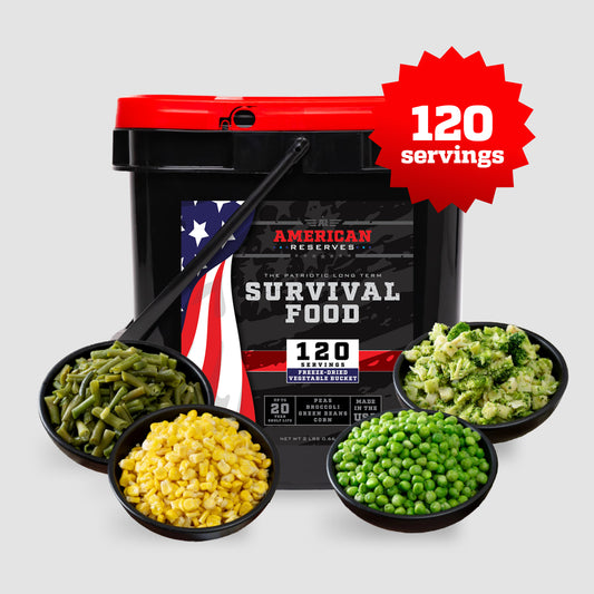 The 120 Serving Freeze Dried Vegetable Bucket by American Reserves is a black and red container featuring a USA flag design. It includes 120 servings of freeze-dried vegetables like green beans, corn, peas, and broccoli. A red burst highlights its long shelf life.