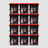 Twelve black and red American Reserves buckets stacked in a grid, each labeled 1440 Servings Freeze-Dried Veggie Bundle with an American flag design. Ideal for any emergency, they offer a long shelf life. The background is plain white.