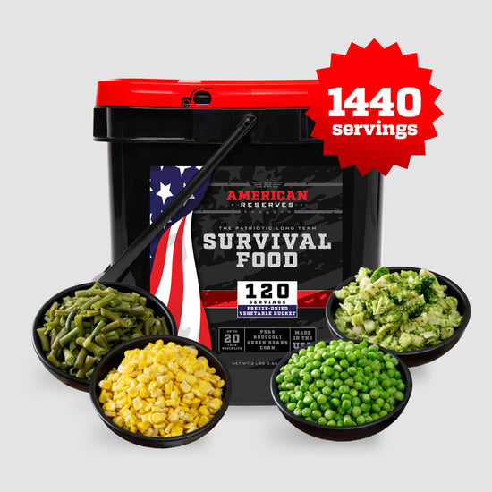 The black and red container from American Reserves, labeled 1440 Servings Freeze-Dried Veggie Bundle, features bowls of freeze-dried vegetables, such as green beans, corn, peas, and broccoli. A red starburst highlights 120 servings, ideal for an emergency food supply with a long shelf life.