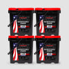 Four 480 Servings Freeze-Dried Veggie Bundle buckets by American Reserves, black and red with an American flag design, are displayed on a light gray background. They promise a long shelf life and show off their 120 servings each in a square formation.